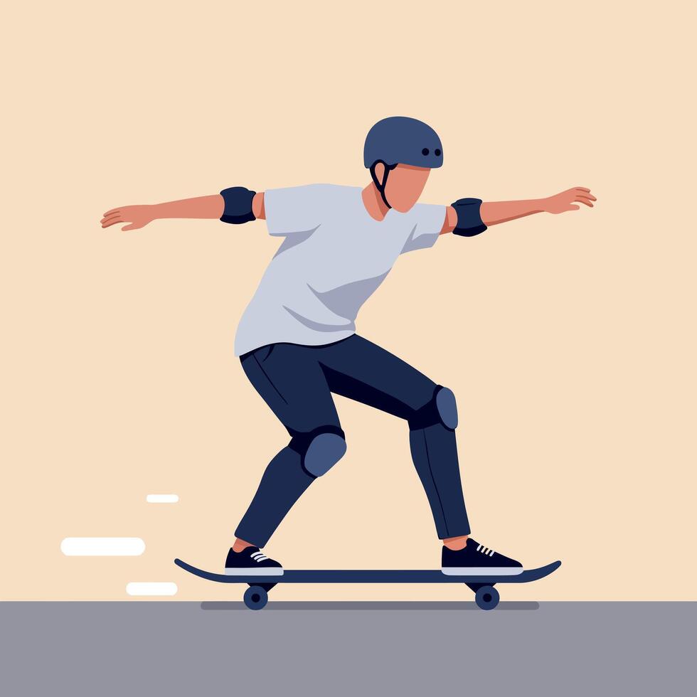 A young male skateboarder performing tricks while wearing protective gear in a flat design style, showcasing motion and excitement in vibrant art vector