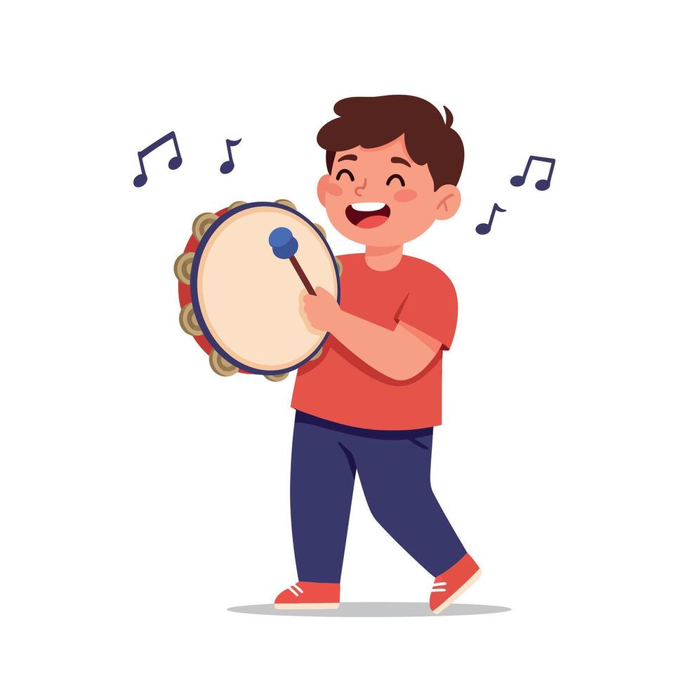 Cheerful boy playing a tambourine with enthusiasm in a colorful flat illustration, expressing joy and music in a playful setting vector