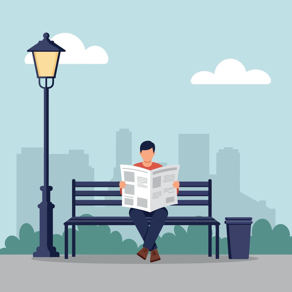 A man reading a newspaper on a park bench under a street lamp in a minimal illustration vector
