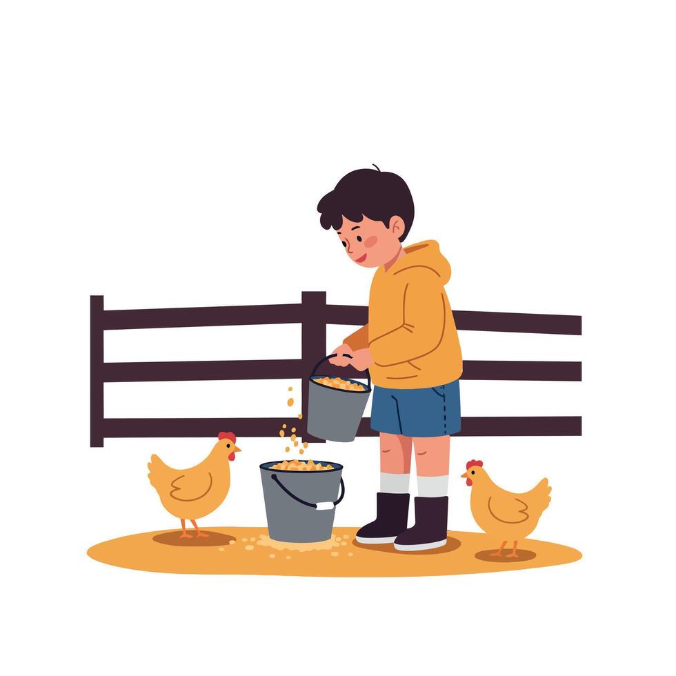 A young boy feeding chickens while standing beside a wooden fence in a playful, colorful, flat illustration vector