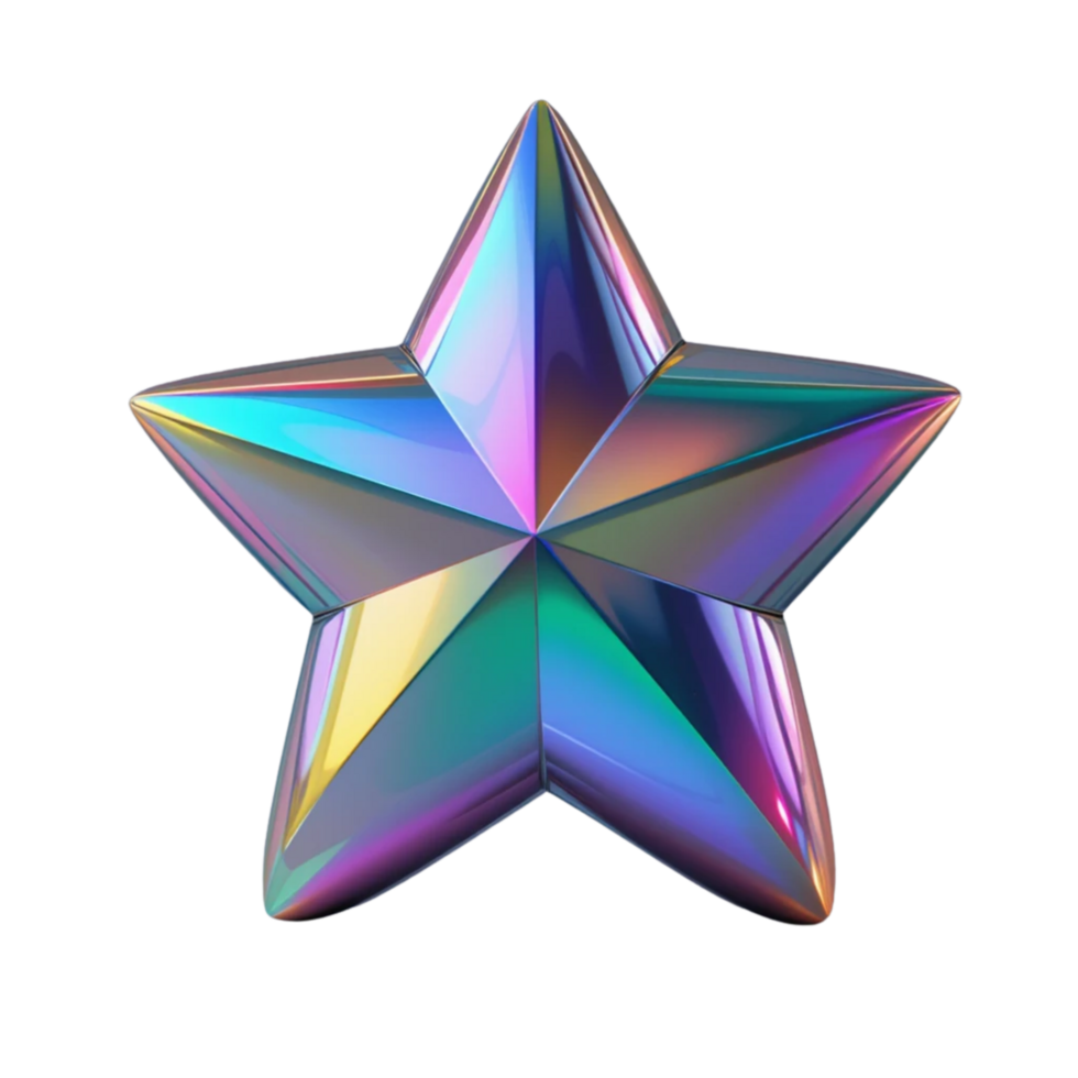 3D metallic star shape iridescent rainbow colors glossy surface. png