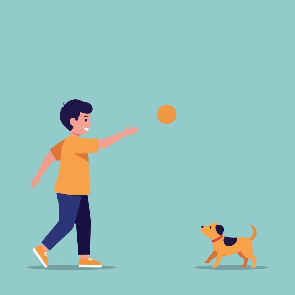 A young boy in a bright orange shirt playing fetch with a small dog, minimalist illustration capturing joy and companionship vector