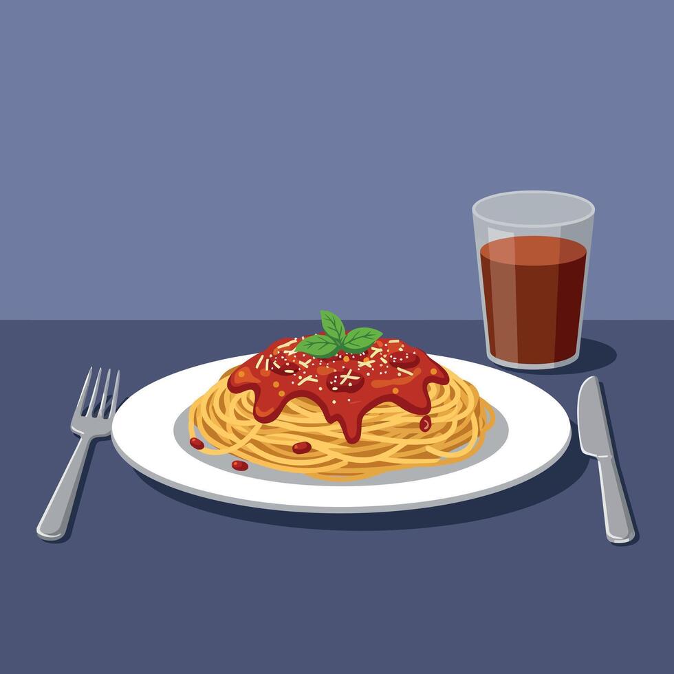 A delicious plate of spaghetti topped with vibrant marinara sauce and fresh basil in flat art style vector