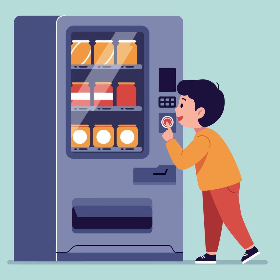 Young boy interacting with a vending machine, wearing a bright orange shirt, minimal style, playful atmosphere, illustration vector