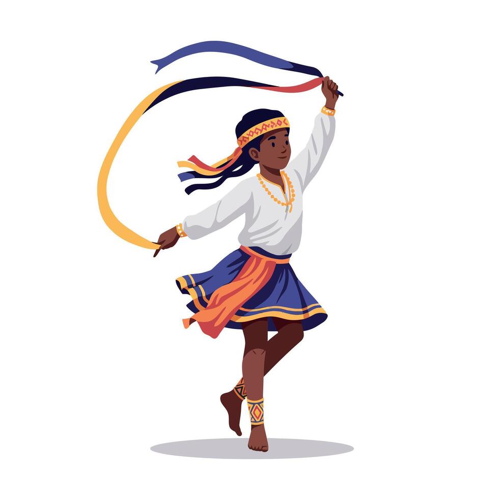 A joyful young girl dancing gracefully with colorful ribbons in a vibrant skirt, showcasing a flat design style in this lively illustration vector
