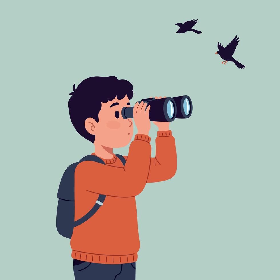 A young boy wearing a backpack observing birds through binoculars in a flat illustration showcasing curiosity and exploration in a serene outdoor setting art vector