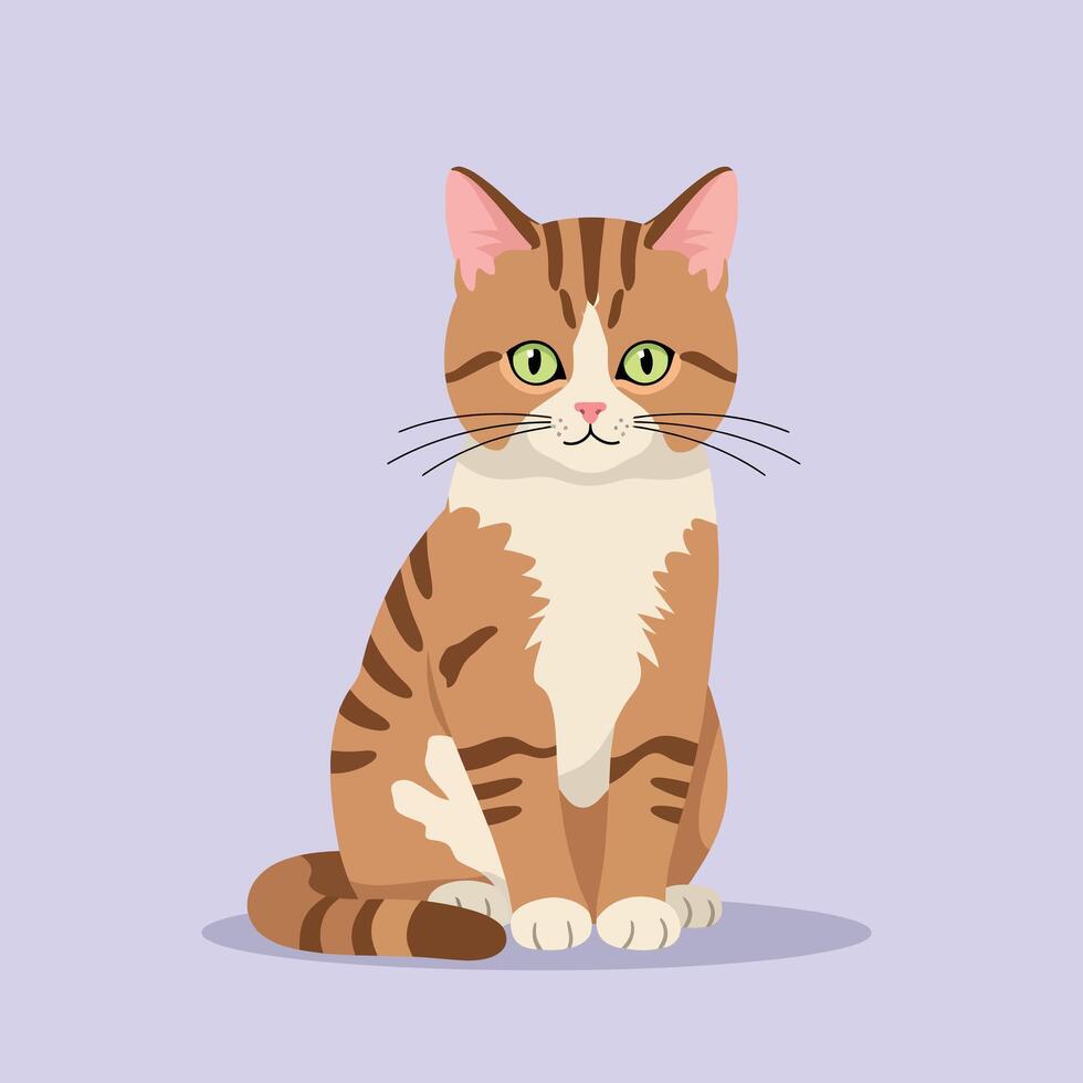 Adorable orange tabby cat with striking green eyes sitting gracefully against a soft lavender background in flat art vector