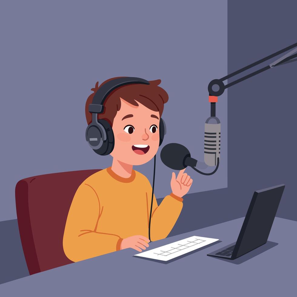 A cheerful young boy with headphones speaking into a microphone while sitting at a desk with a laptop in a cozy recording studio illustration vector