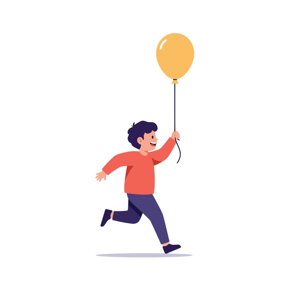 A joyful boy in a red shirt running with a yellow balloon, minimalistic design, showcasing happiness and freedom in vibrant art vector