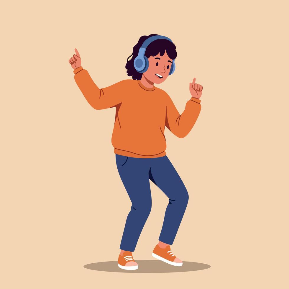 A joyful child dancing energetically while wearing headphones in a flat, minimal style illustration vector