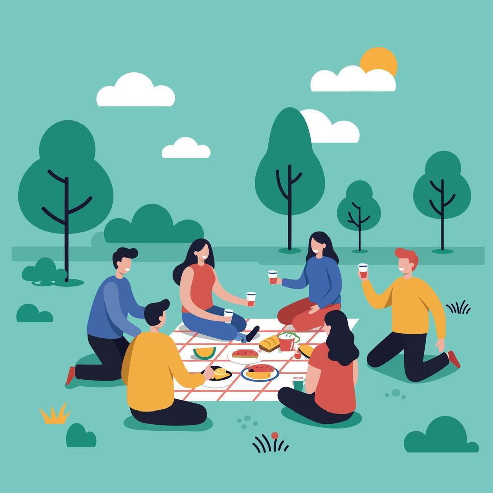 Group of friends enjoying a colorful picnic on a sunny day in a flat illustration surrounded by green trees and clouds vector