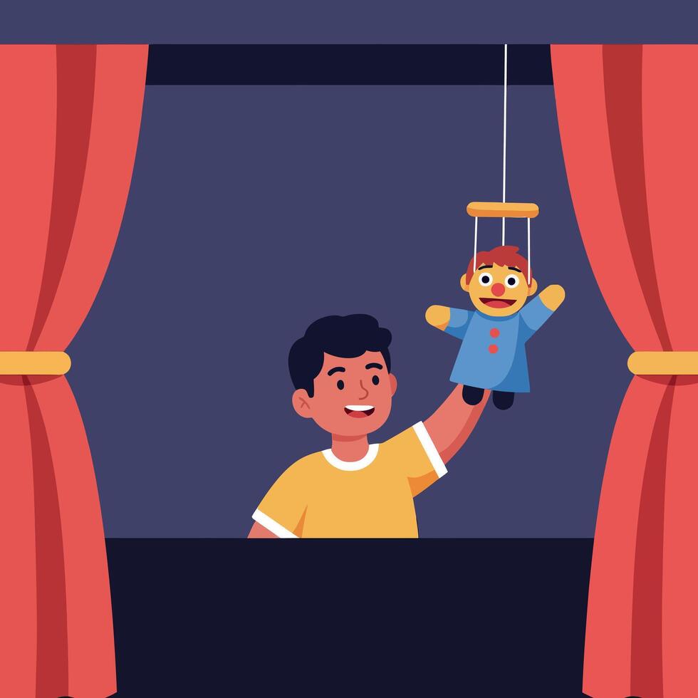 Young boy joyfully performing with a colorful puppet in a cozy puppet theater, flat illustration vector