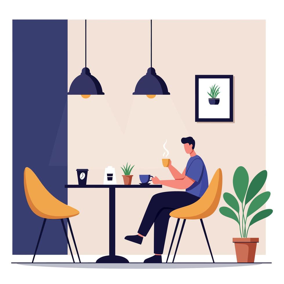 A man enjoying a warm beverage at a modern cafe setting with minimalistic design and stylish decor in flat art vector