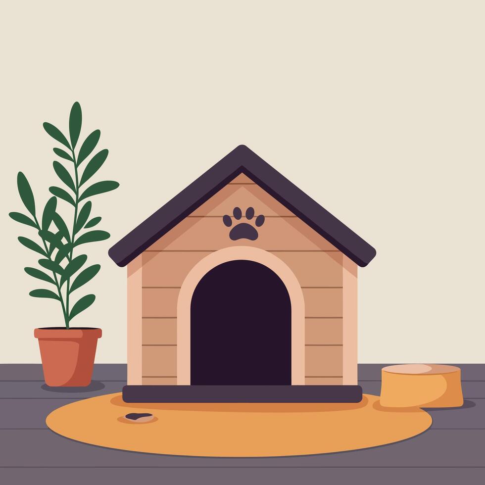 Cozy Wooden Dog House with Potted Plant in Minimal Flat Art vector