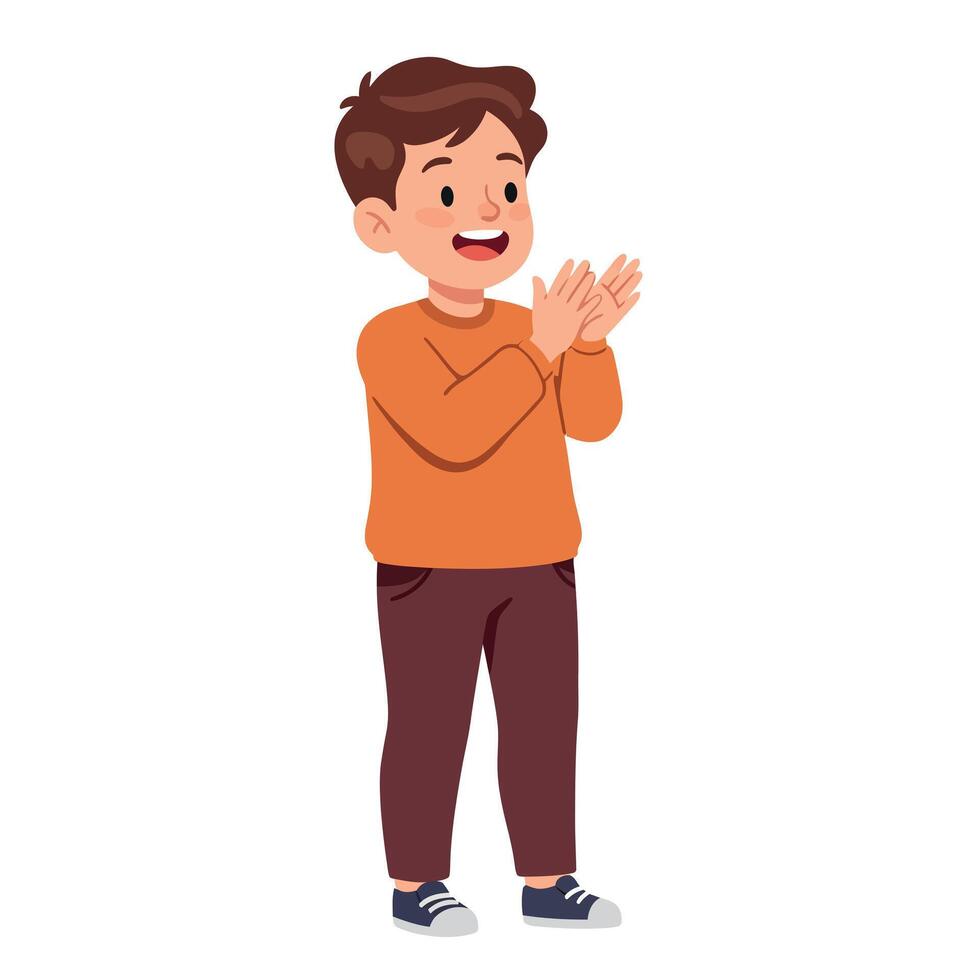 Cheerful young boy clapping his hands in a joyful celebration, dressed in casual orange sweater and brown pants, flat illustration vector