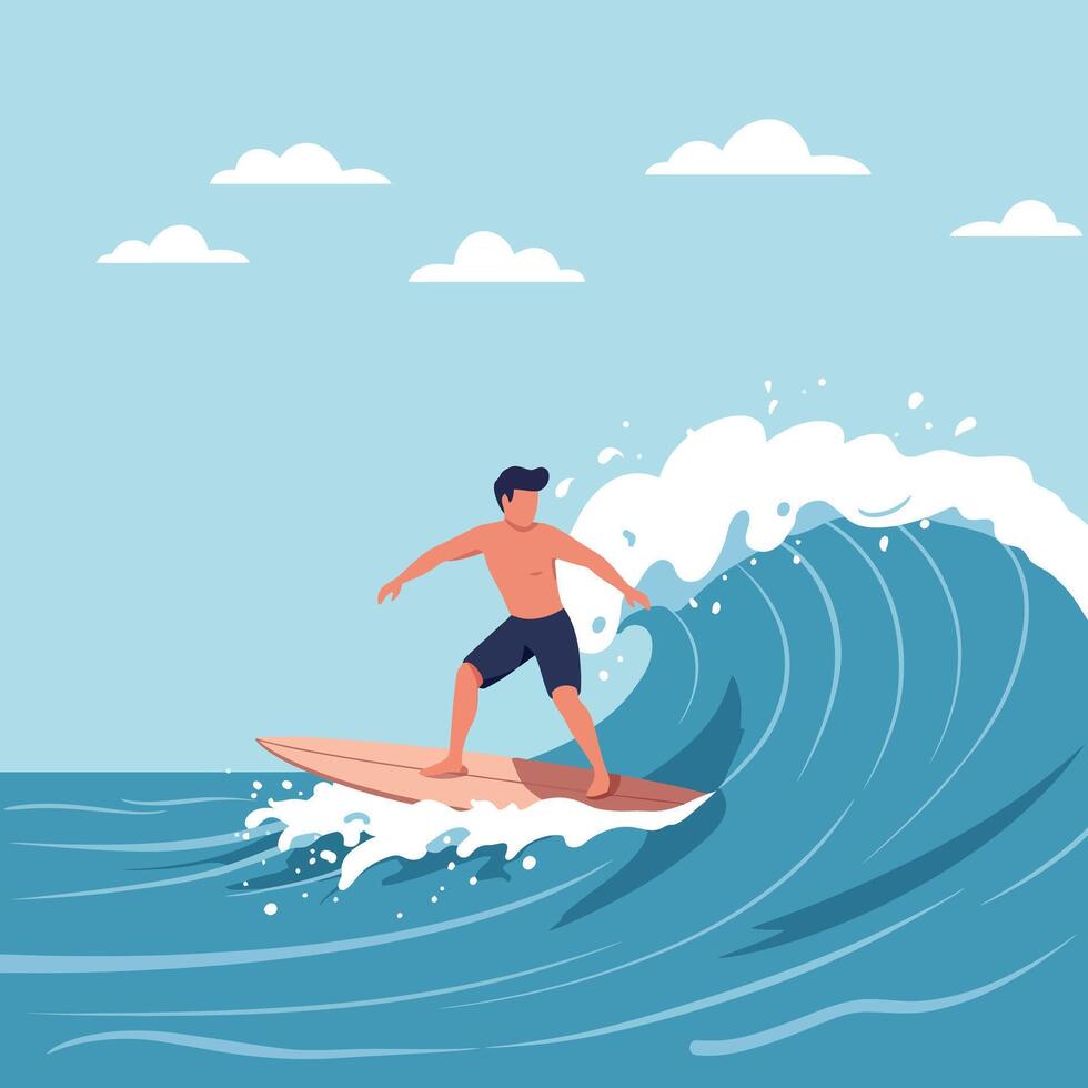 Surfer skillfully riding a vibrant wave under a bright sky in flat illustration vector