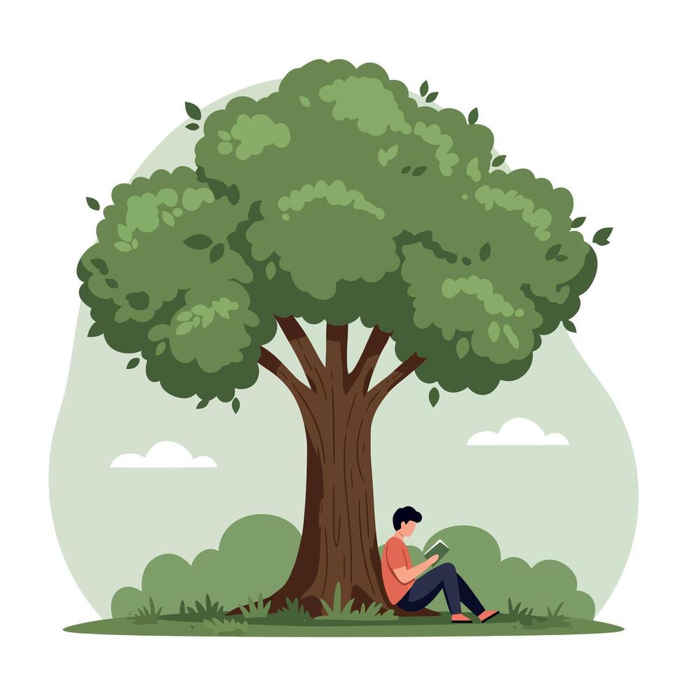 A young man reading a book under a large green tree in a serene, flat illustration with a peaceful atmosphere and soft colors in nature art vector