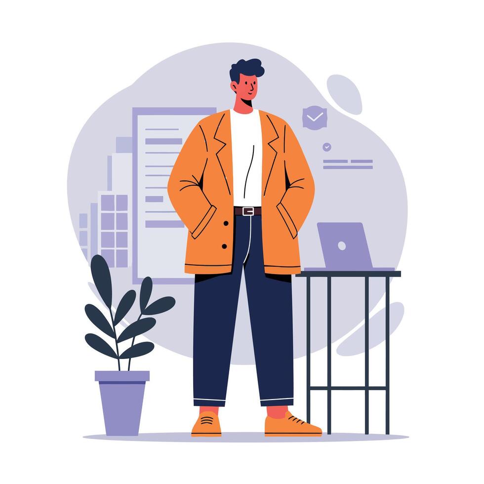 Confident young man in an orange coat standing by a desk with a laptop in a modern office setting, flat art vector