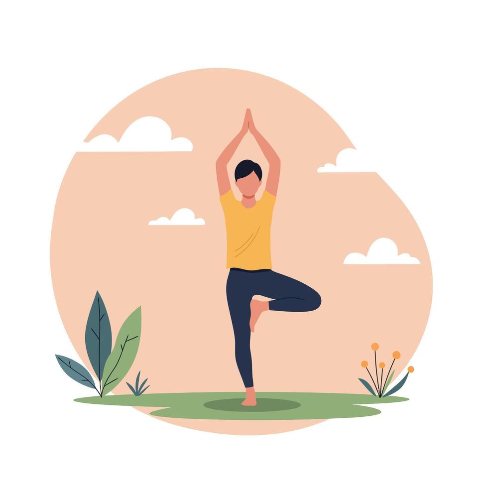 A person practicing yoga in a tranquil outdoor setting with greenery, minimal design style, conveying peace and balance in art vector