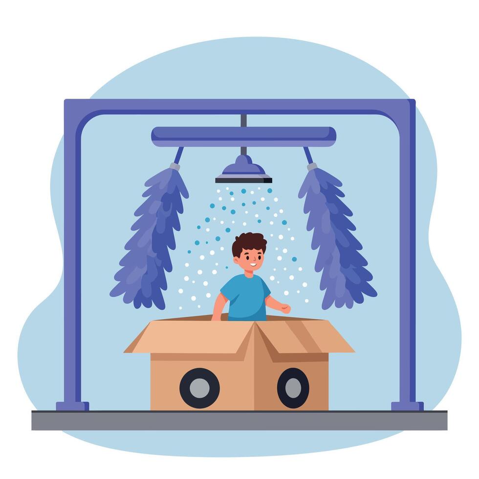 A cheerful boy enjoying playtime inside a cardboard box under a playful shower of colorful bubbles in a minimal illustration vector