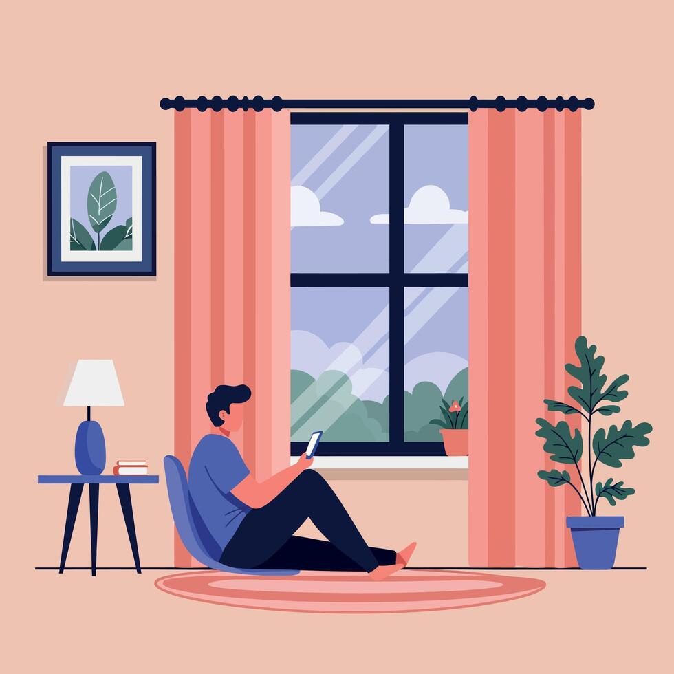 A man sitting on a blue chair in a cozy room, engaging with his smartphone, featuring a flat design style, illustration vector