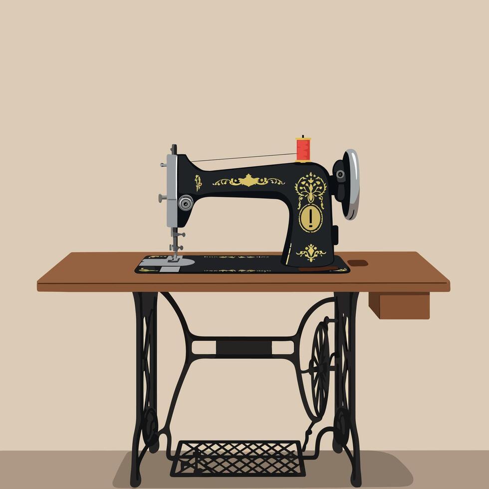 Vintage Sewing Machine on Wooden Table in Minimalist Style Illustration vector