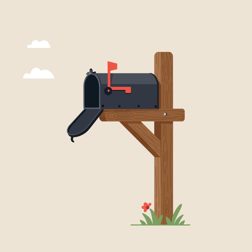 Rustic Wooden Mailbox on Post with Clouds and Flowers in Minimalist Illustration vector