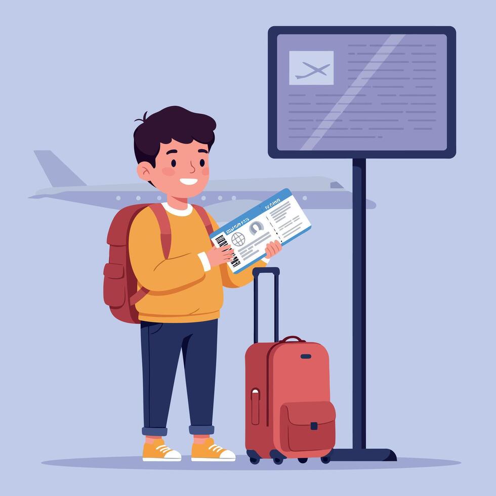 Young boy holding boarding pass and ID at airport check-in area in flat art style vector