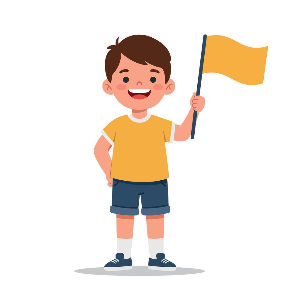 Cheerful boy in yellow shirt and blue shorts waving a flag, minimal flat design illustration vector
