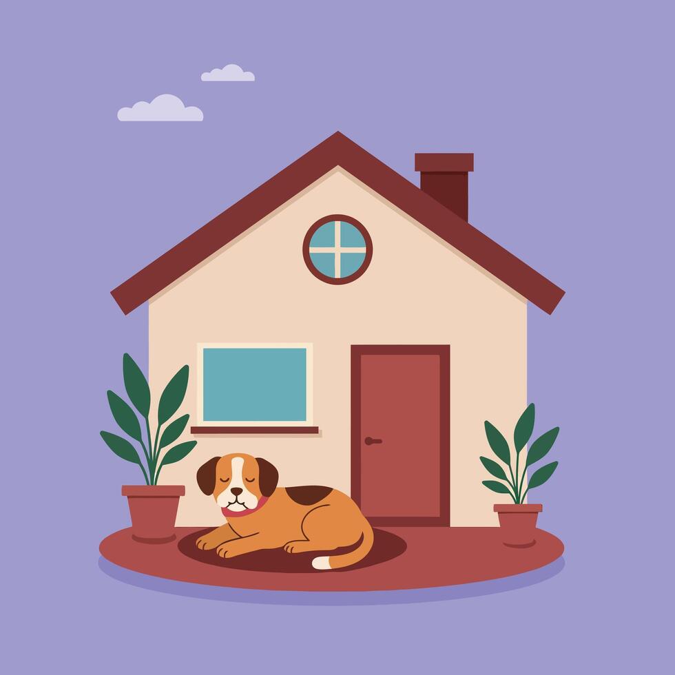 Cozy dog resting peacefully in front of a charming house surrounded by potted plants in flat illustration vector