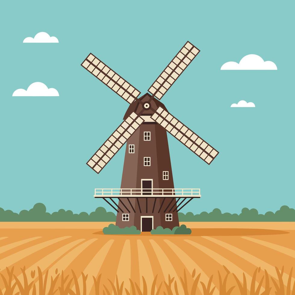 A detailed brown windmill surrounded by golden wheat fields under a bright blue sky in a flat illustration vector