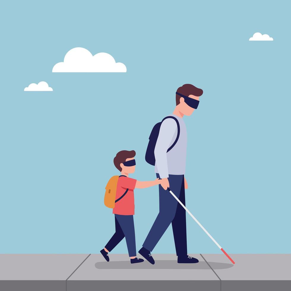 A father and son walking hand-in-hand on a sunny sidewalk, both wearing blindfolds, demonstrating trust and guidance in a flat illustration vector