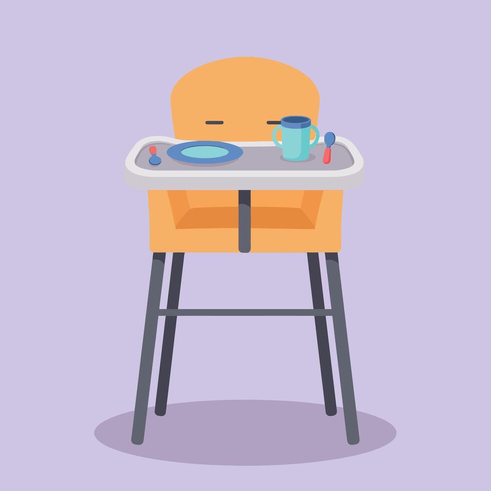 High chair with colorful utensils and plate in a minimal, playful design style showcasing a cozy dining environment in art vector