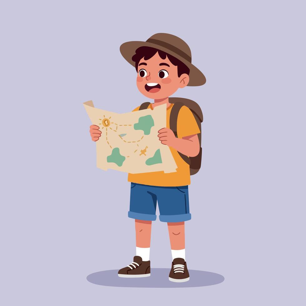 Happy young boy exploring with a map in hand, wearing a hat and backpack, in a playful flat illustration vector