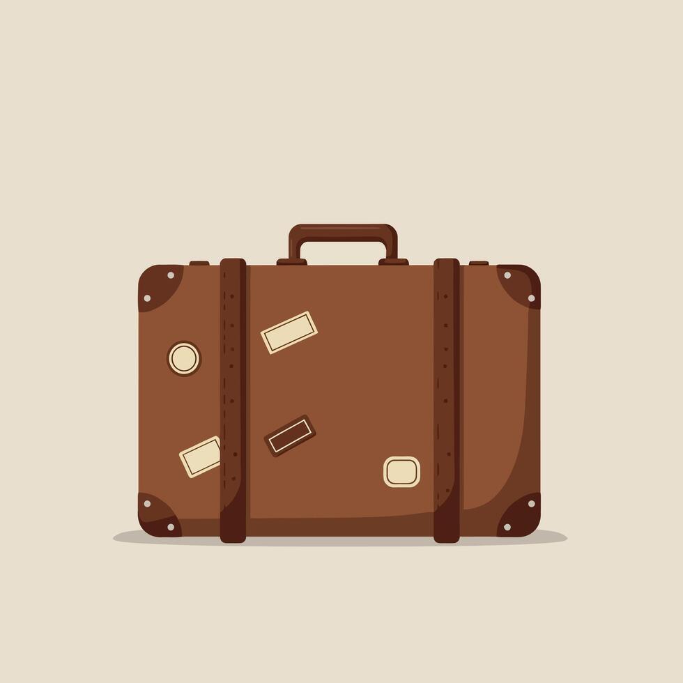 Vintage Brown Suitcase with Travel Stickers in Minimal Flat Design Style Illustration vector
