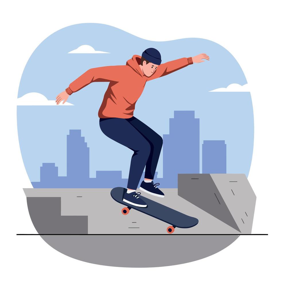 Young man performing an impressive skateboarding trick in a vibrant urban landscape, flat art vector