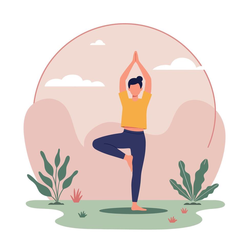 A person practicing yoga in a tranquil outdoor setting while balancing on one leg, showcasing a minimal and calming design style in illustration vector