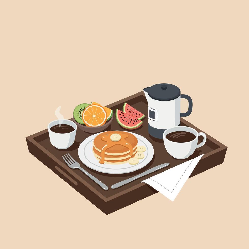 Breakfast tray with pancakes and fresh fruit in a minimal flat design illustration vector