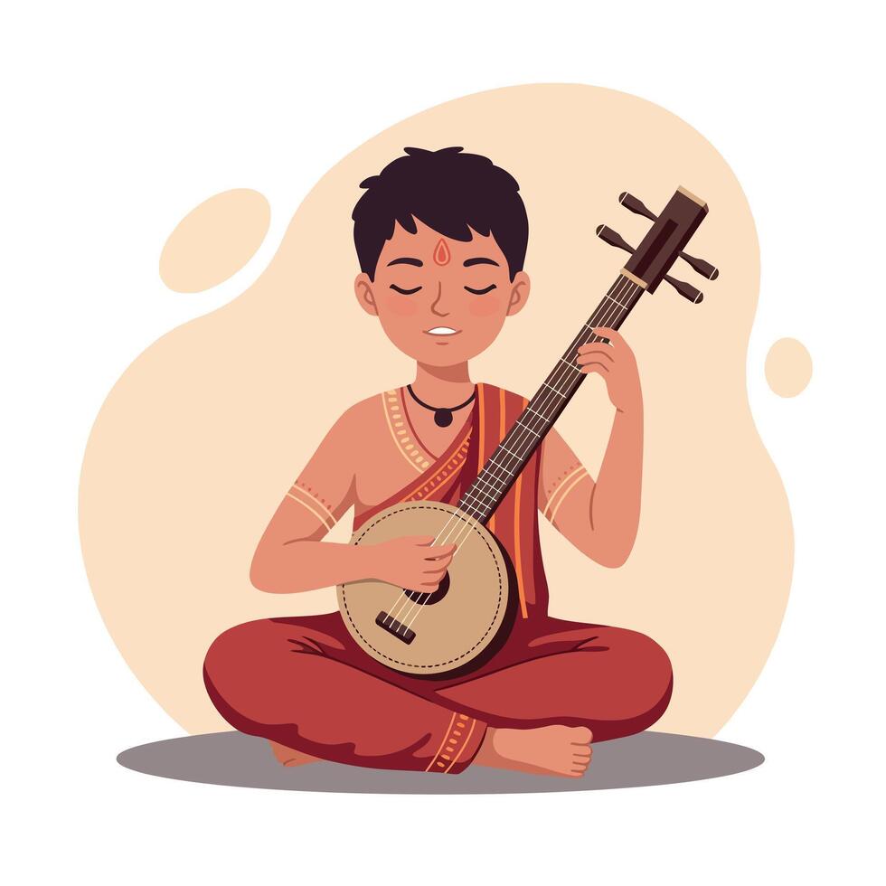 Young boy playing a traditional stringed instrument in a flat, minimal style art vector