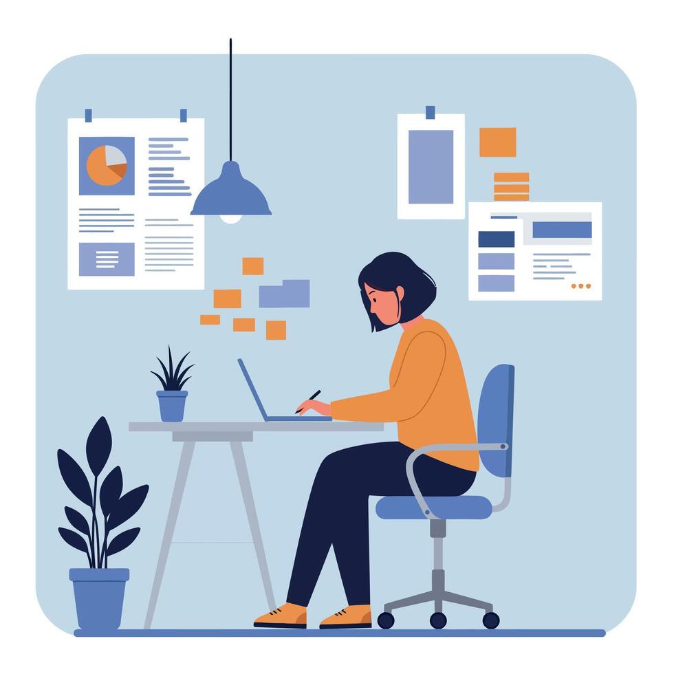 A focused woman working at a desk with a laptop in a minimal and modern office setting, surrounded by plants and colorful notes, illustration vector