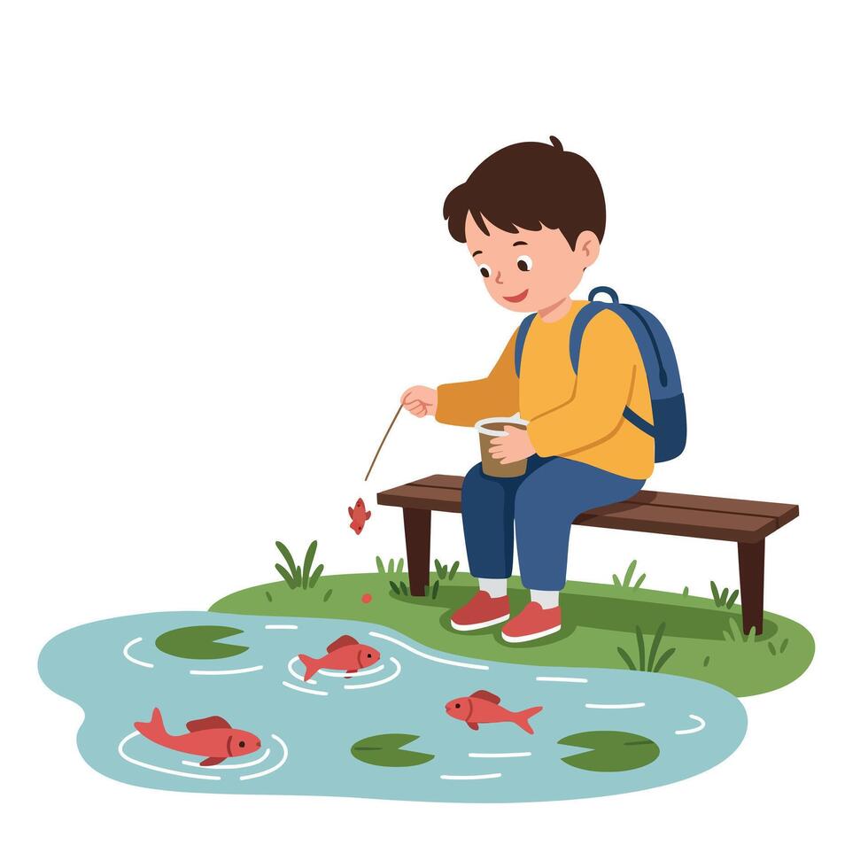 A young boy fishing playfully by a serene pond with colorful fish in a flat illustration vector