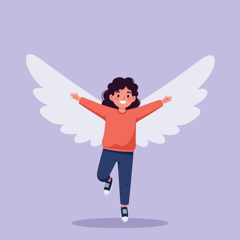 A joyful child with angel wings running playfully on a pastel background in flat illustration style expressing happiness and freedom vector