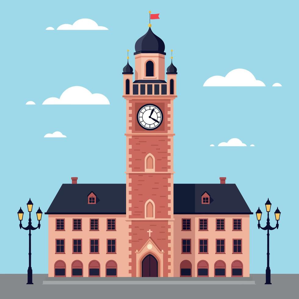 Historic clock tower in a charming town square with flat design art showcasing detailed architecture and a vibrant blue sky vector