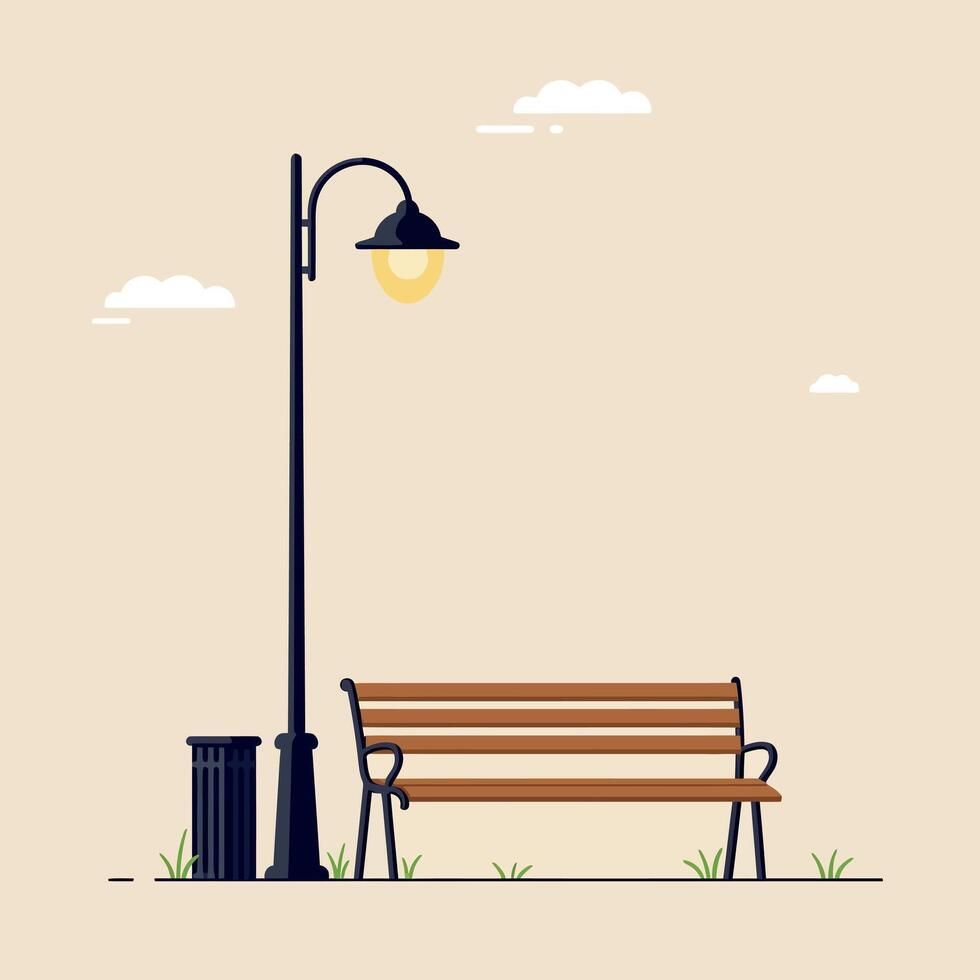 A serene park scene featuring a brown wooden bench, a black lamp post, and a trash can in a flat illustration vector
