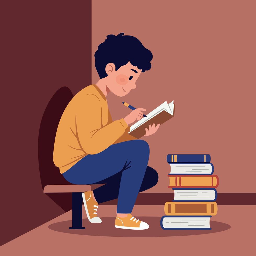 A young boy sitting on a wooden stool, focused on writing in a notebook, in a cozy, minimal setting, surrounded by stacked colorful books, illustration vector