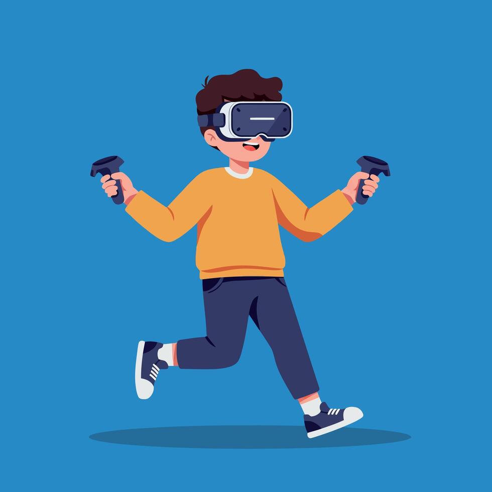 A young boy wearing virtual reality goggles and holding controllers, joyfully running in a vibrant blue background, flat illustration vector