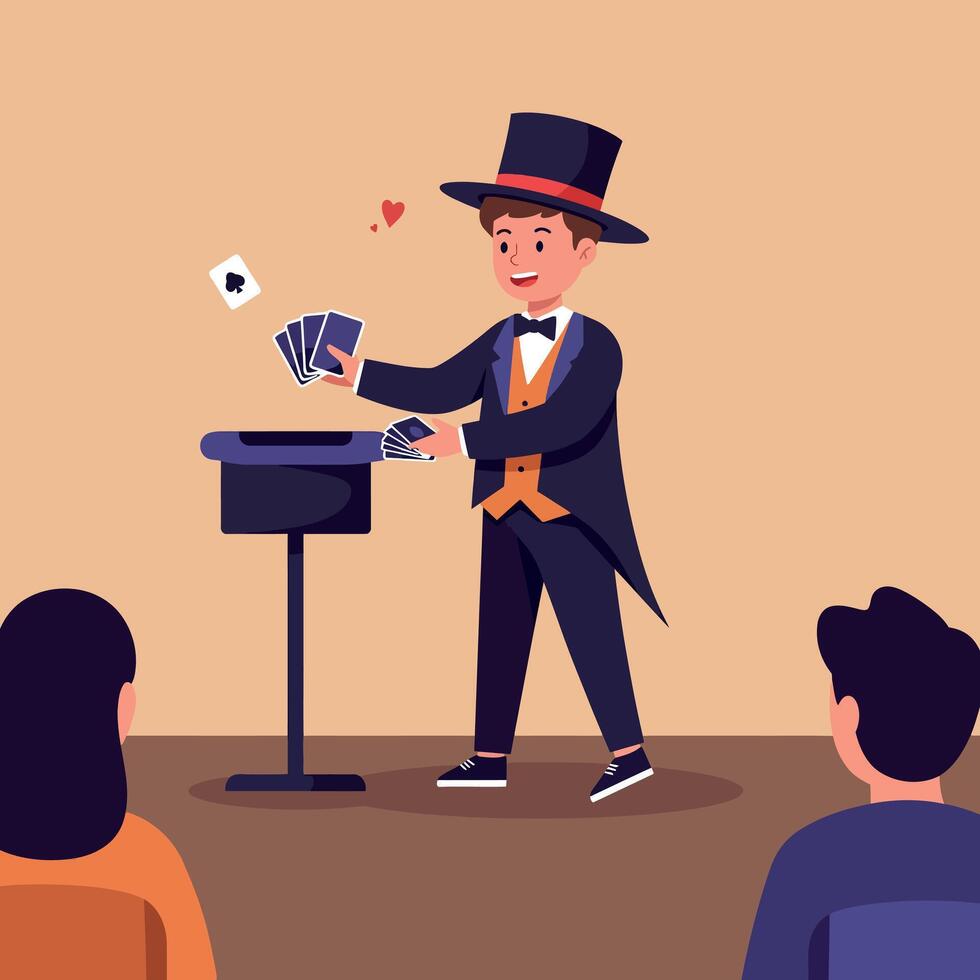 A young magician performing an engaging card trick in a vibrant flat illustration, captivating an audience with flair and excitement in a lively setting art vector