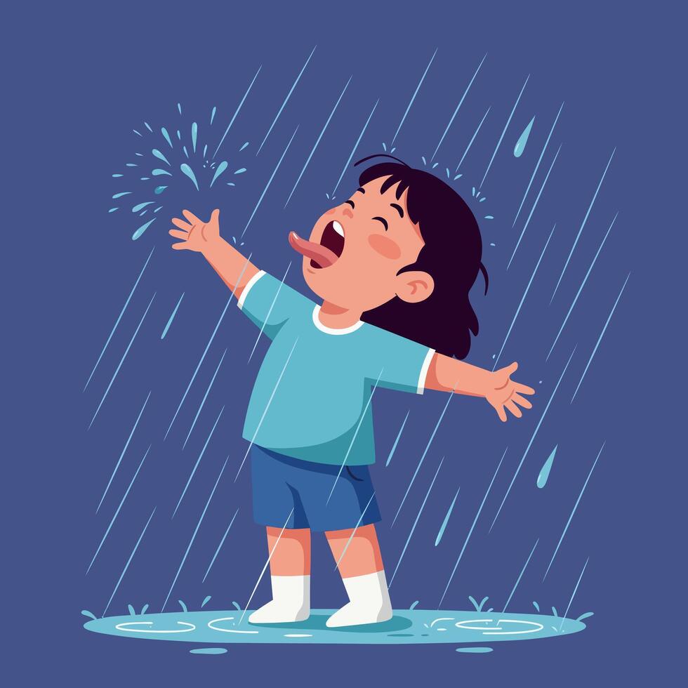 Joyful child playing in the rain, expressing happiness with arms wide open, flat art vector