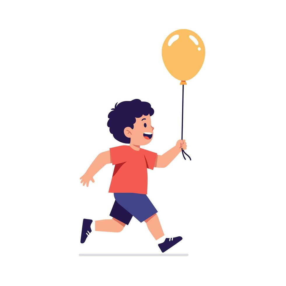 Young boy joyfully running while holding a bright yellow balloon in a flat illustration capturing a playful and cheerful atmosphere vector