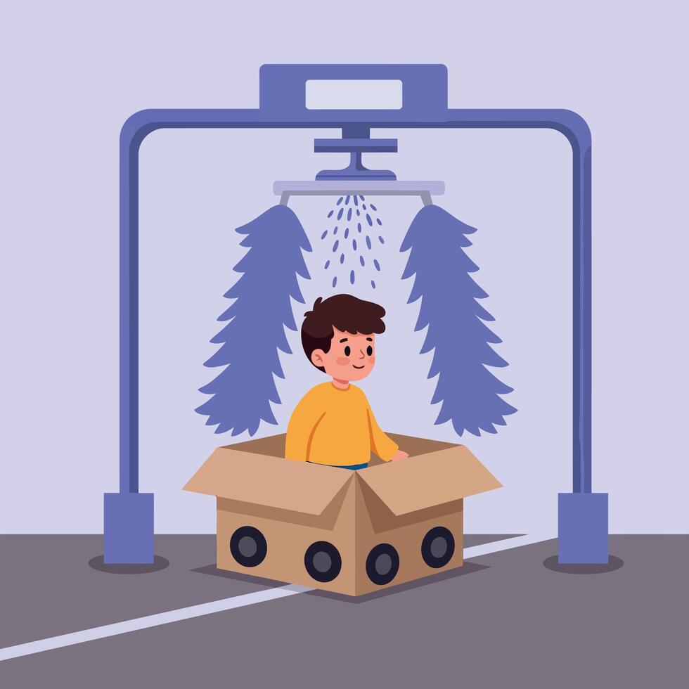 A cheerful boy sitting inside a cardboard box under a whimsical car wash with colorful brushes and water droplets in flat art vector